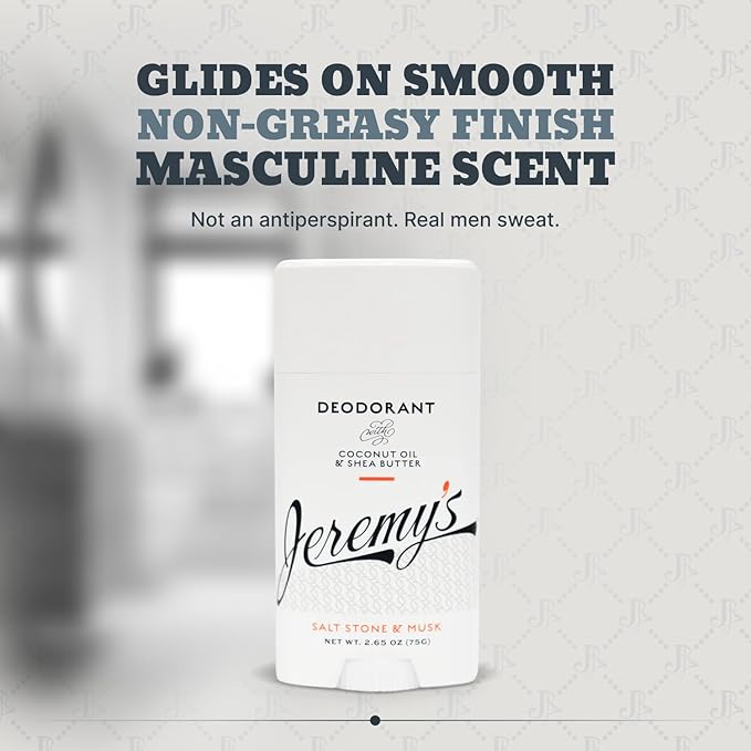 Jeremy's Razors Men's Natural Deodorant - Aluminum Free, Paraben Free, Baking Soda Free Body Deodorant Stick, With Coconut Oil & Shea Butter, Salt Stone & Musk Scent (Made in USA, 2.65 Oz, 2 Pack)