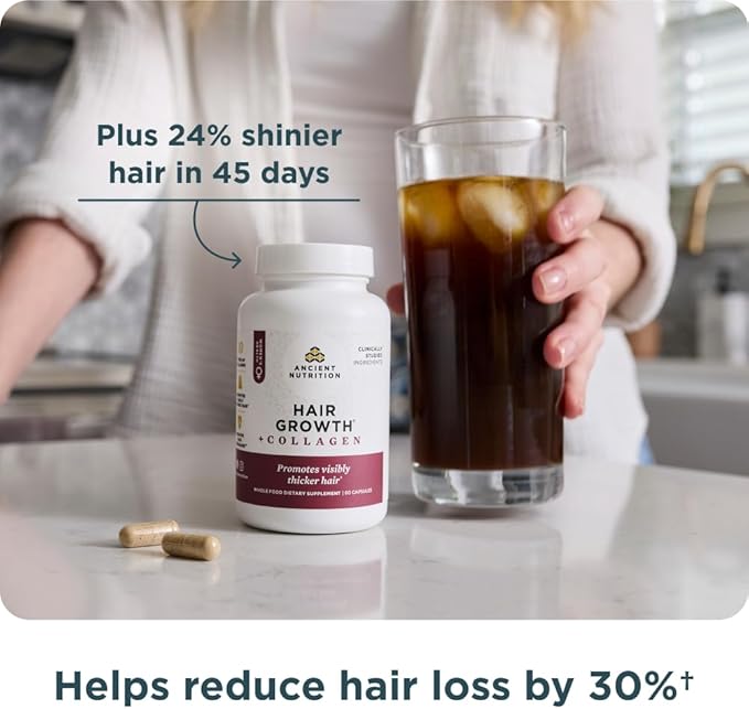 Ancient Nutrition Hair Growth + Collagen Supplement, Hydrolyzed Collagen Peptides, Clinically Studied Superfoods for Hair Growth Support, Thicker, Fuller Hair and Radiant Skin, 60 Count