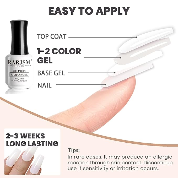 RARJSM Milky White Gel Nail Polish,Clear Jade White GelPolish 15ml,UV LED Soak Off Sheer Transparent Soft White Color Gel Nail Polish Summer French Manicure Varnish Curing Requires 1 Piece
