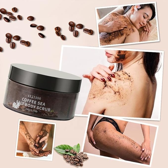 Coffee Sea Salt Body Scrub – Exfoliating & Moisturizing Scrub with Coconut Oil & Shea Butter – Anti-Cellulite Treatment for Smooth Skin – Organic, Vegan, 8.8 oz