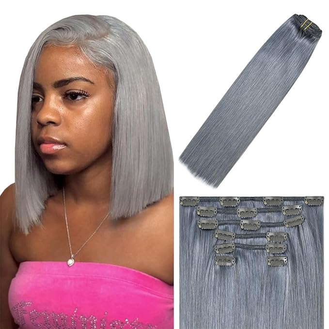 24 Inch Grey Clip in Hair Extensions - Real Remy Human Hair, 120g 7pcs, Silver Grey Human Hair Extensions Clip ins for Women