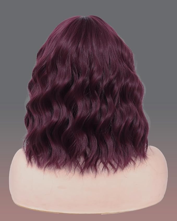 WAVE&BREEZE Dark Red Wig with Bangs Short Curly Bob Wigs for Women 14 Inch Shoulder Length Natural Looking Hair Replacement Wigs for Cosplay Party Use