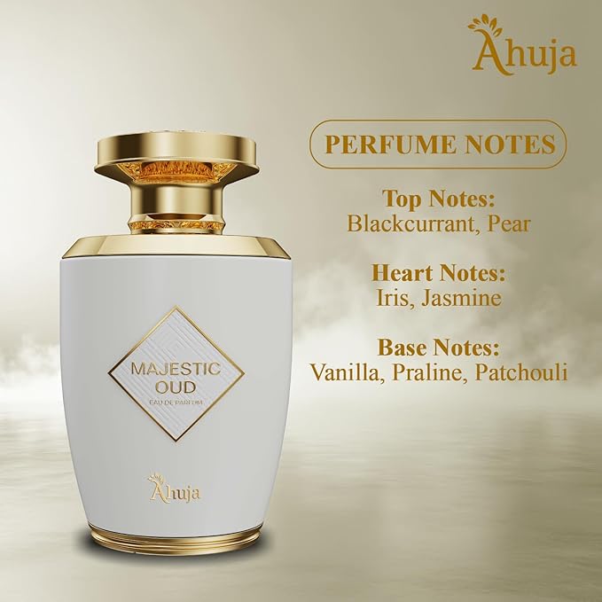 AHUJA Majestic Oud Eau De Parfum 3.4 fl oz – Unisex Perfume for Men & Women, Long Lasting Luxury Fragrance with Oud, Vanilla, Raspberry, Rose, Peony, Patchouli & Woody Notes – Elegant Gift Scent