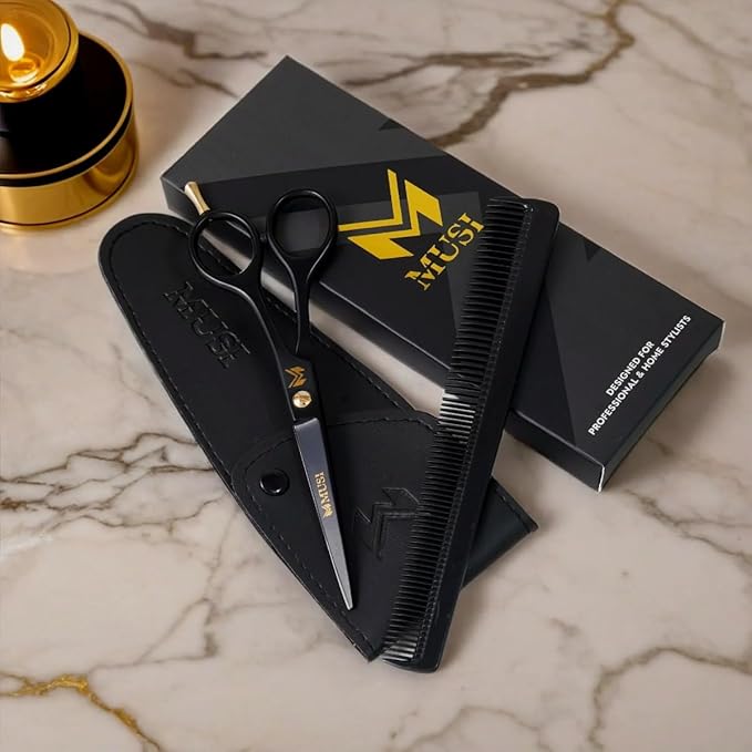 Barber Hair Cutting Scissors 6.5" – 420 Japanese Standard Stainless Steel Hair Scissors – Premium Shears for Professional Haircut – Black Sharp Shears with Hair and Beard Comb
