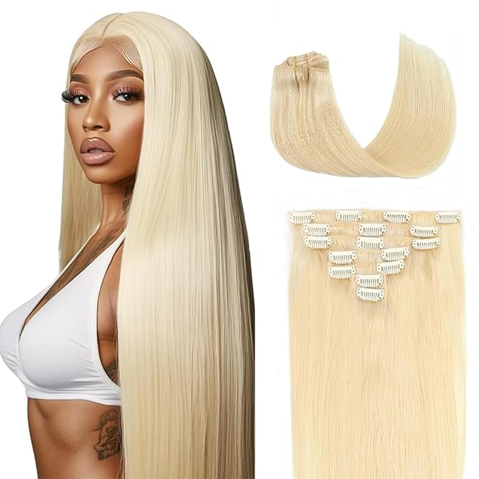 14 Inch #613 Blonde Clip in Hair Extensions - Real Remy Human Hair, 120g 7pcs, Blonde Human Hair Extensions Clip ins for Women