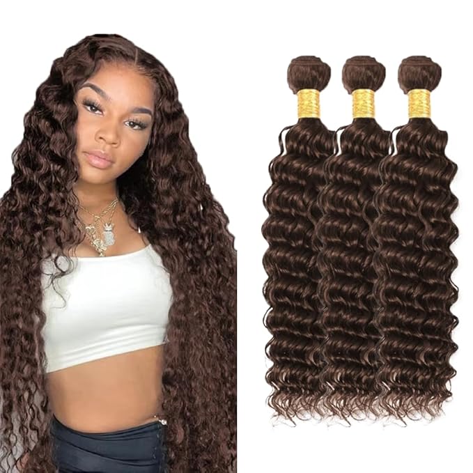 32 32 32 inch #4 Human Hair Chocolate Brown Deep Wave Bundles Double Weft Brazilian Remy Dark Brown Deep Wave Bundle
