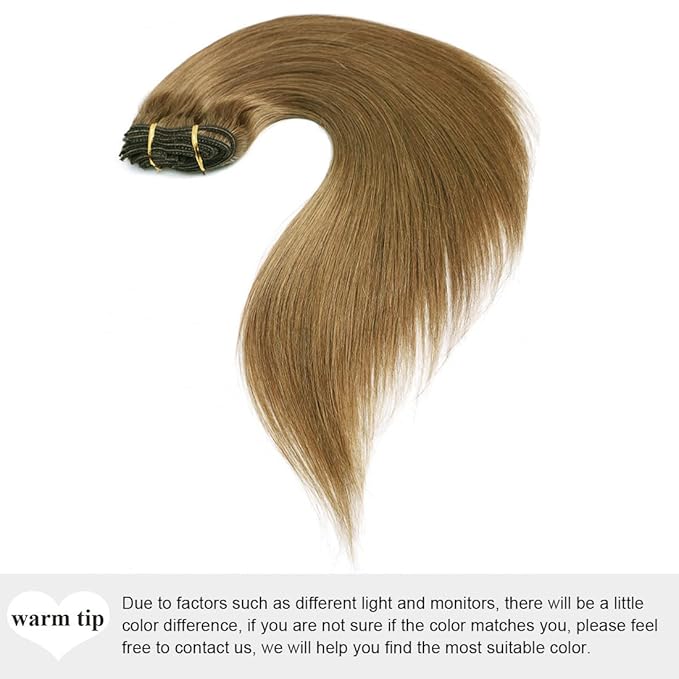 22" Clip in Human Hair Extensions Full Head 200g 10 Pieces 22 Clips Light Brown Double Weft Brazilian Real Remy Hair Extensions Thick Straight (22" 200g, #8)