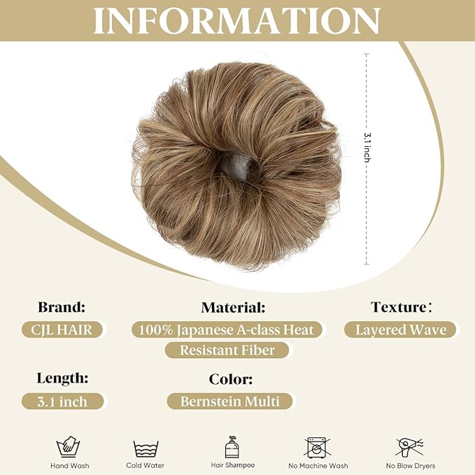 CJL HAIR 2PCs Small Cute Messy Bun Hair Piece for Thin Hair Women Mini Synthetic Curly Bun Scrunchies Updo Hairpieces Bernstein Multi