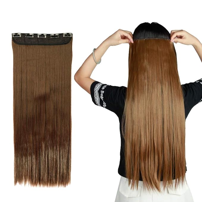 S-noilite Clip in/on Hair Extension 5 Clips One Piece Full Head Hairpiece Long Synthetic Heat-Resistant Hair For Party For Women Girls Teen (23" straight,light brown)