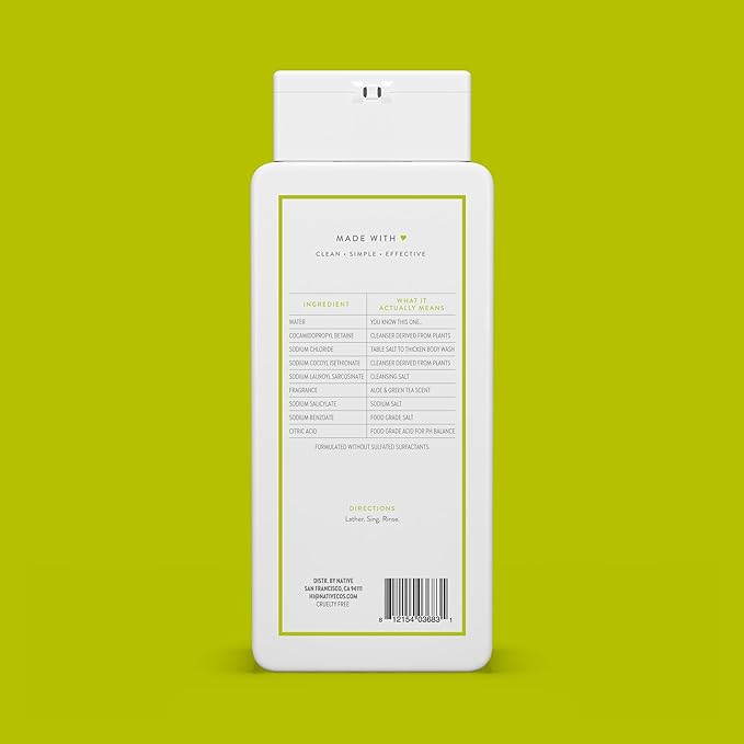 Native Body Wash Contains Naturally Derived Ingredients | For Women & Men, Sulfate, Paraben, & Dye Free Leaving Skin Soft and Hydrating |Aloe & Green Tea 18 oz
