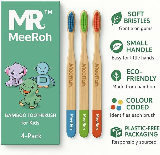 MeeRoh Bamboo Toothbrush for Kids – Eco-Friendly, Soft Bristles, 4-Pack
