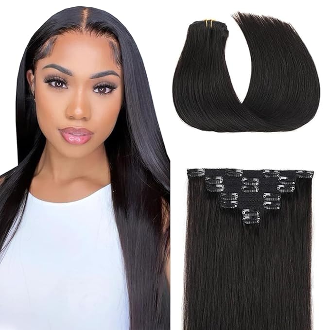16 Inch 1B Clip in Hair Extensions - Real Remy Human Hair, 120g 7pcs, Naturel Black Human Hair Extensions Clip ins for Women