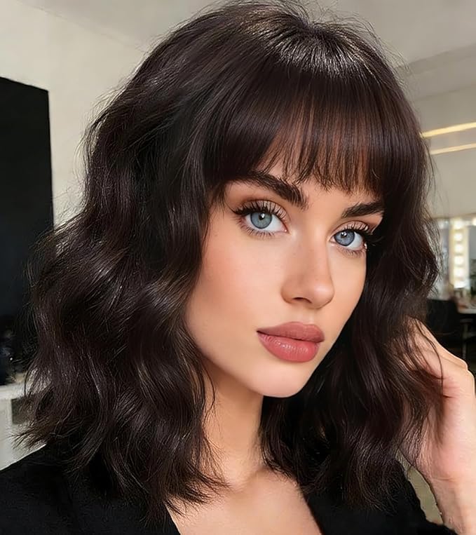 WAVE&BREEZE Brown Wig with Bangs Short Wavy Bob Wigs for Women 14 Inch Shoulder Length Natural Looking Synthetic Hair Replacement Wigs for Cosplay Party Use