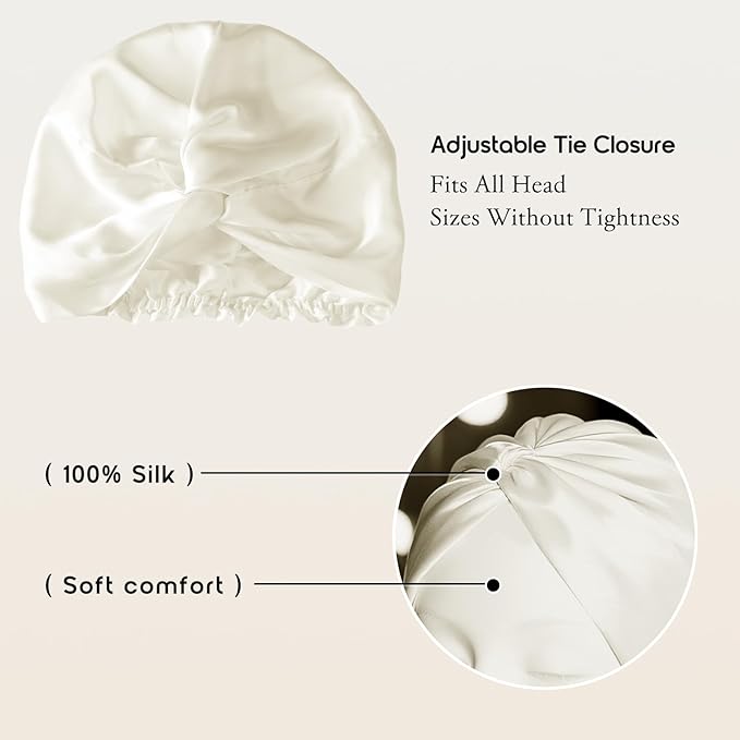 100% Mulberry Silk Bonnet for Sleeping, Adjustable Tie Closure for Women, Breathable Hair Wrap for Hair Protection