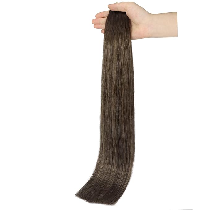 fshine Genius Weft Hair Extensions Human Hair 20 Inch Balayage Dark Brown to Light Brown Mixed Dark Brown Hand Tied Genius Weft Full Head Straight Real Hair Bundle Sew in hair Extensions 60g