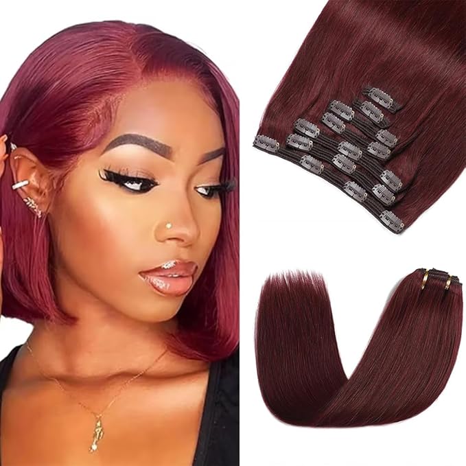 22 Inch #99J Red Clip in Hair Extensions - Real Remy Human Hair, 120g 7pcs, Burgundy Human Hair Extensions Clip ins for Women