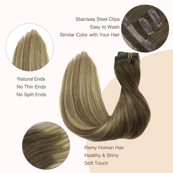 GOO GOO Clip in Hair Extensions Real Human Hair, Remy Human Hair Extensions Clip ins for Women, Natural Human Hair, 20inch 110g 7Pcs, 3/8/613 Balayage Walnut Brown to Ash Brown and Bleach Blonde