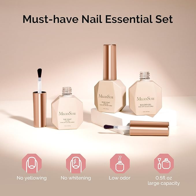 MelodySusie No Wipe Glossy Top Coat Base Coat Builder Gel 027 Set Long Lasting Shine Finish Soak Off UV LED Nail Lamp Nail Art Design Manicure Kit Perfect Gifts for Women Girls 3 Pcs 15ml