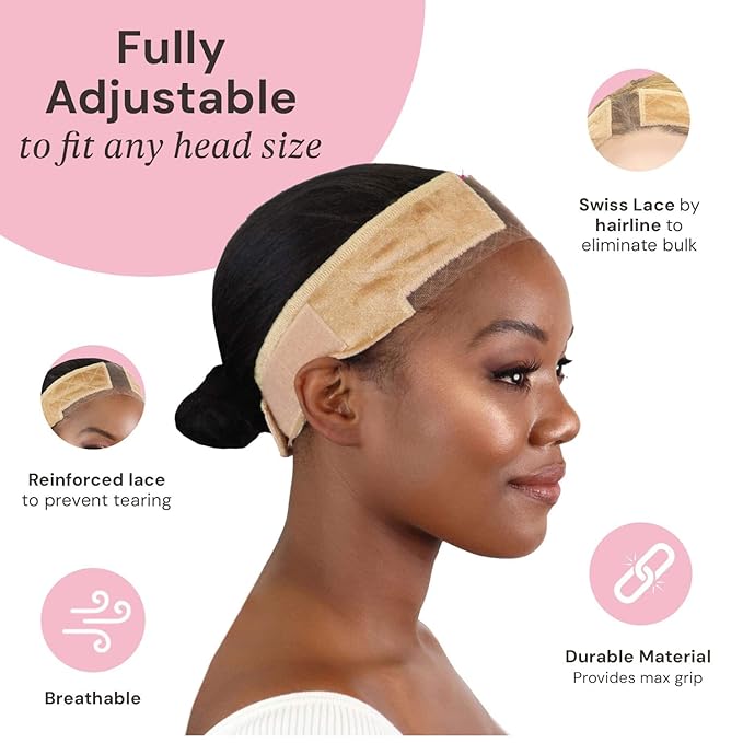 MILANO COLLECTION Wigrip, Premium Lace Wig Band for Women, Fully Adjustable & Reinforced Lace Wig Grip Band by Hairline, Comfortable and Secure Glueless Velvet Headband, Nude, 2 Pack