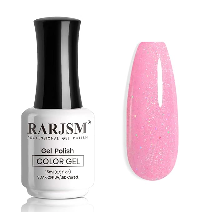 RARJSM Nude Hot Pink Iridescent Gel Nail Polish - Sheer Bright Neon Pink Glitter Jelly Gel Polish - Neutral Shimmery Summer Color Sparkle Rainbow Pigment - 15ml Soak off Cured Need for Home Salon DIY