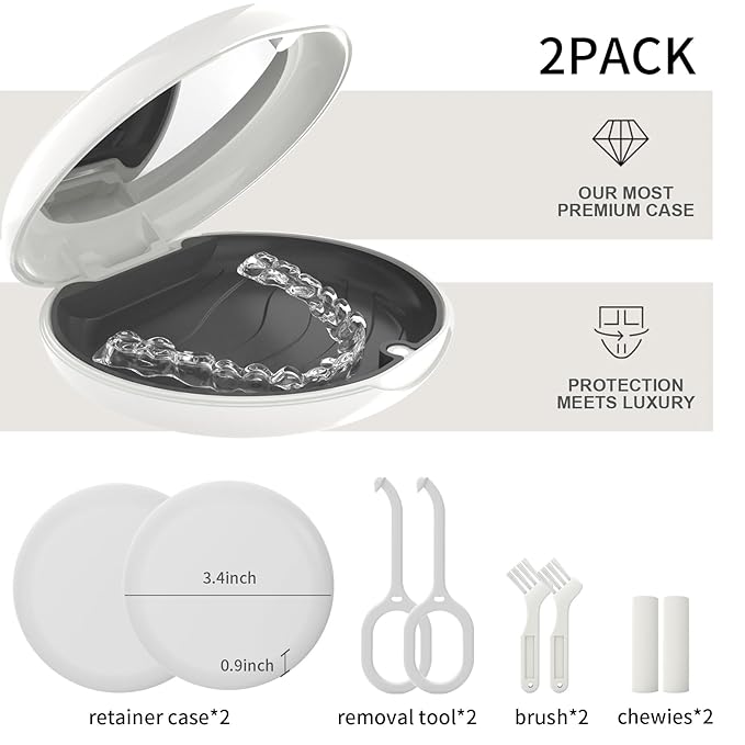 2Pack Retainer Case with Mirror, Compatible with Invisalign, Orthodontic Aligner Case with Removal Tool and Brush, White
