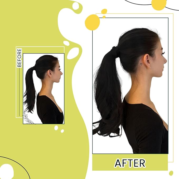 RUNATURE Human Hair Ponytail Black, Ponytail Extension Real Human Hair, Remy Ponytail Extension With Magic Paste, Soft Straight Hair Tangle Free, 16 Inch 80g #1B Off Black