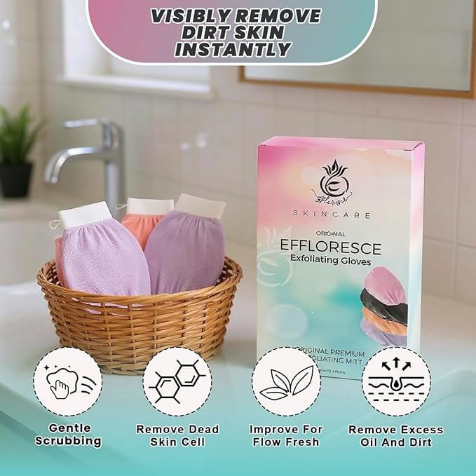 Exfoliating Glove Pack of 4 – Deep Cleaning Exfoliating Body Scrubber- Exfoliating Gloves for Shower for Smooth Radiant Skin – Dead Skin Remover & Body Scrub Mitt for Skin Cell Renewal