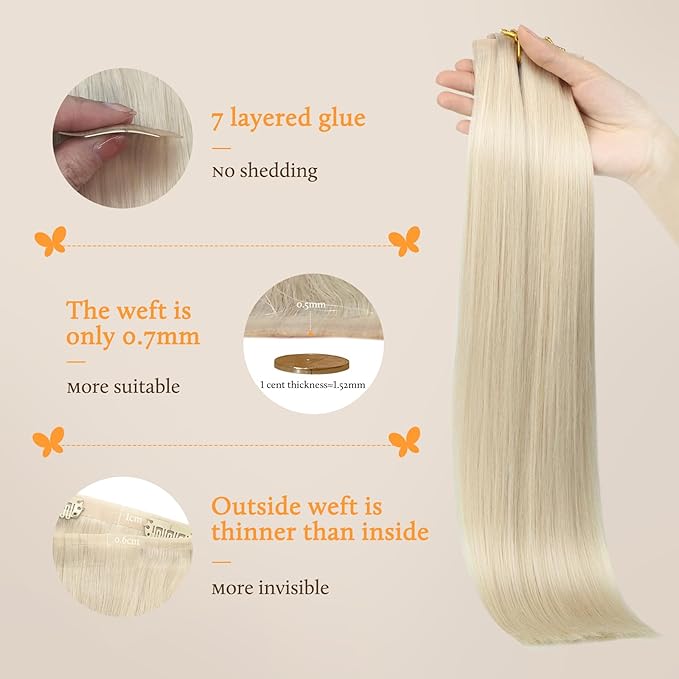 DOORES Seamless Clip in Real Human Hair Extensions, Platinum Blonde 7pcs 110g 20 Inch, Remy Straight Hair Skin Weft Natural Invisi Edge
