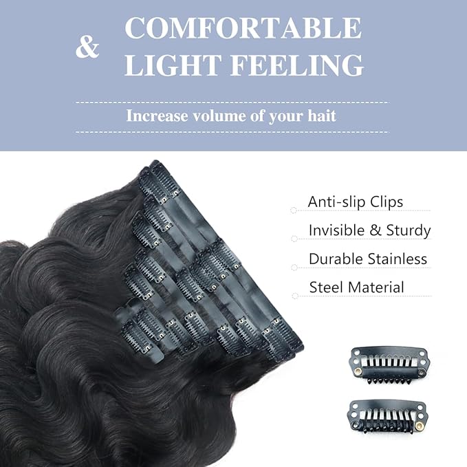 2 Pack 240g Body Wave Clip in Hair Extensions Real Human Hair 16 Pcs Seamless Clip ins for Women Full Head with PU Skin Weft 15A Remy Human Hair 14inch Natural Black