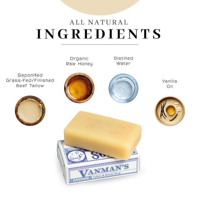 VanMan Beef Tallow and Honey Bar Soap – Pure Grass-Fed Beef Tallow for Skin with Vanilla Oil, Raw Honey & Distilled Water, Hydrating & Nourishing, Vanilla Scent, Clean Ingredients, 3.8oz - 10 Pack