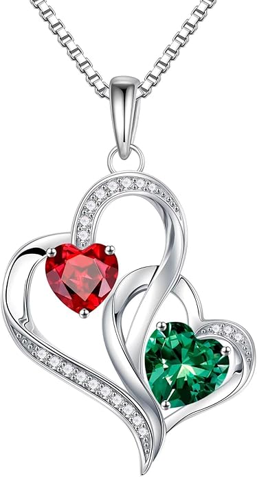 Iefil Christmas Gifts for Women - Double Heart Birthstone Necklace, 925 Sterling Silver Heart Pendant Necklace, Anniversary Birthday Gifts for Women | Personalized Jewelry Gift for Wife Mom Girlfriend