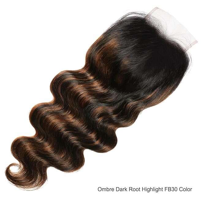 UNICE Brown Highlight Body Wave Human Hair 3 Bundles with 4x4 lace closure, Brazilian Remy Hair Ombre Human Hair Wavy Weaves FB30 Color 18 20 22+16 Closure