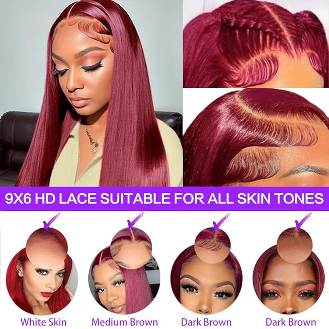 CHEETAHBEAUTY 9x6 Glueless Wigs Human Hair Pre Plucked Pre Cut 18 Inch Straight 99j Burgundy Lace Front Wigs Human Hair for Women 9x6 HD Lace Glueless Wig with Elastic Drawstring 220% Density