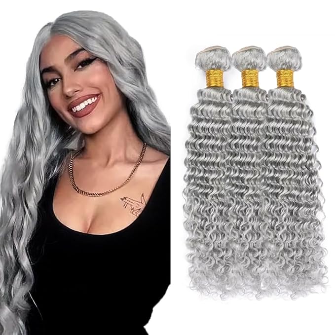 30 32 34 inch Grey Human Hair Bundles Silver Deep Wave Bundles Gray Deep Wave Bundle