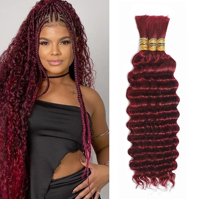 Red Boho Hair for Braiding Deep Wave Bulk Human Hair for Braiding 24 Inch No Weft 99j Deep Wave Bulk Bohemian 3 Bundles 150g