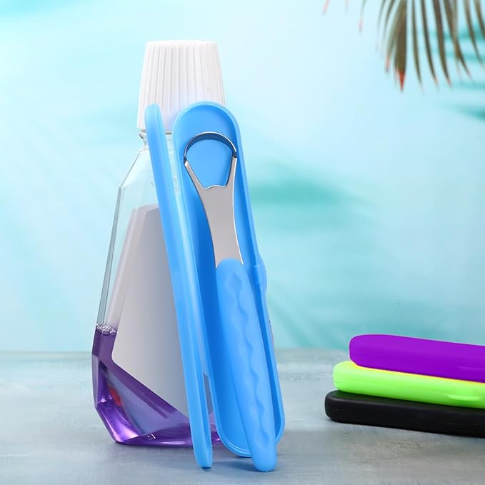 4 Pcs Tongue Scraper Cleaner Adults and Kids Stainless Steel Tongue Brush Metal Scraper Reduce Bad Breath with Travel Cases for Men Women Oral Mouth(Green, Blue, Black and Purple)