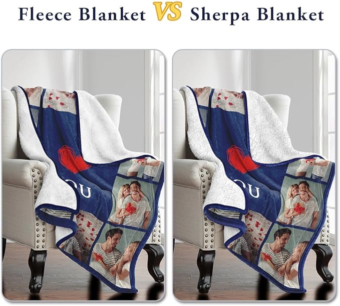 Custom Sherpa Fleece Blanket with Photos Text - Soft, Warm, Fuzzy Personalized Couples Gifts for Boyfriend, Girlfriend - Customized Picture Blanket for Birthday, Anniversary, Christmas