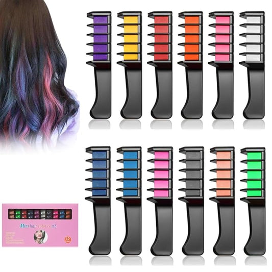 Festive Fun Hair Chalk Combs, 12 Colors Instant Washable Hair Color Comb for Girls Women, Temporary Hair Color Dye for Hair DIY Party Christmas Birthday Gifts (12 colors)