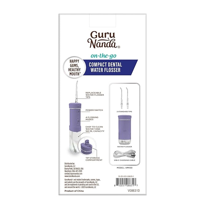 GuruNanda Compact Water Dental Flosser, Portable Travel Size Oral Irrigator Flosser with Collapsible 180 ml Tank, Smart Timer, 4 Flossing Modes, TSA-Approved - Lavender