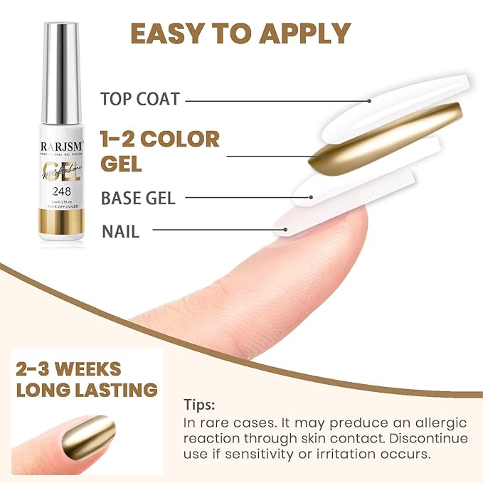 RARJSM Metallic Nail Art Gel Liner Bronze Gold Mirror Chrome 3D Effect Gel Nail Polish 8ml Build in Thin Brush Metal Painted Drawing Striper Painting Gelpolish Soak off Curing Requires for Home Salon