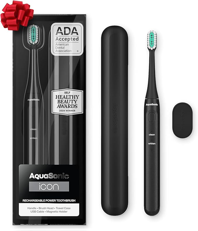 Aquasonic Icon ADA-Accepted Rechargeable Toothbrush | Magnetic Holder & Slim Travel Case | 2 Brushing Modes & Smart Timers | Gentle Micro-Vibrations(Onyx)