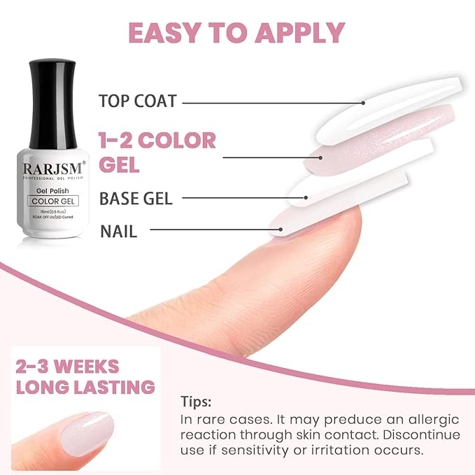 RARJSM Nude Gel Nail Polish Pale Pink Jelly Shimmery Nail Gel Polish Sparkly Silver Glitter Translucent Milky Pink French Manicure Natural Skin Tone Color 15ml Soak off UV LED Cured Nail Art Salon