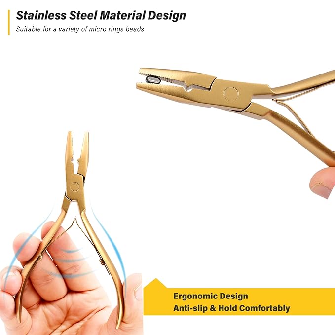 Gomake Microlinks Hair Extensions Kit, Hair Extension Closer and Removal Pliers, Micro Beads Pulling Hook & Microbead Loop Tool, Micro Links Silicone Rings Bead 200PCS(Gold)