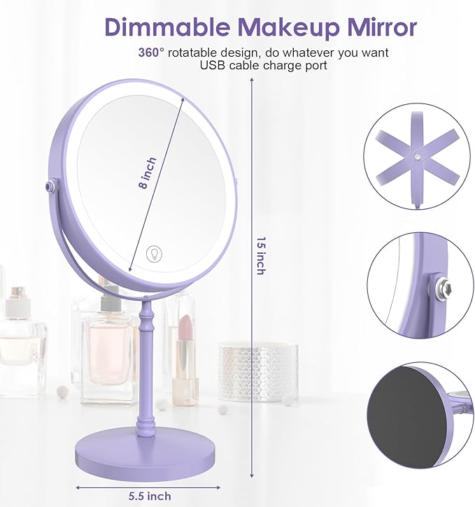 Lighted Makeup Mirror, 3000 mAh Rechargeable Double Sided Magnifying Vanity Mirror with 3 Colors, 1x/10x, 360° Rotation , Brightness Adjustable Magnification Cosmetic Light up Mirror, Women Gift