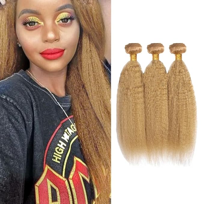 22 24 26 Inch 27 Yaki Straight Bundles Human Hair Honey Blonde Bundles Brazilian Hair 3 Bundles Unprocessed Color #27 Bundles Human Hair 27 Blonde Bundles Hair Extensions
