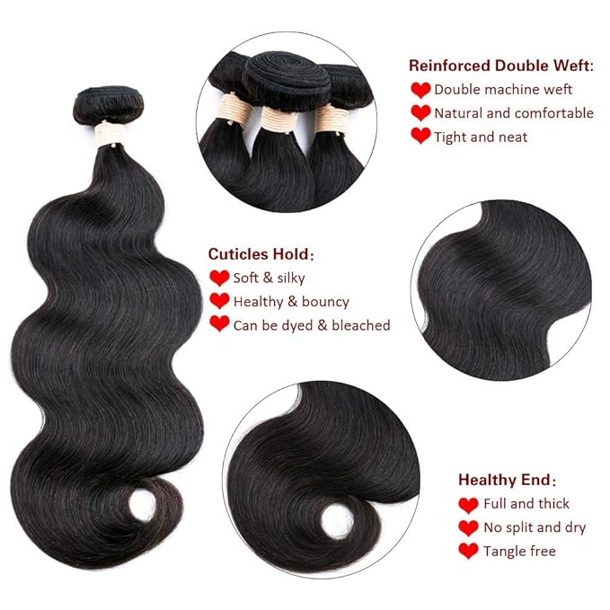 Real Human Hair Bundles Body Wave 16 18 20 Inch with 14 Inch Lace Closure, 3 Bundles Unprocessed Natural Black Remy Brazilian Virgin Cambodian Hair Wavy, 1b, No Tangle No Shedding