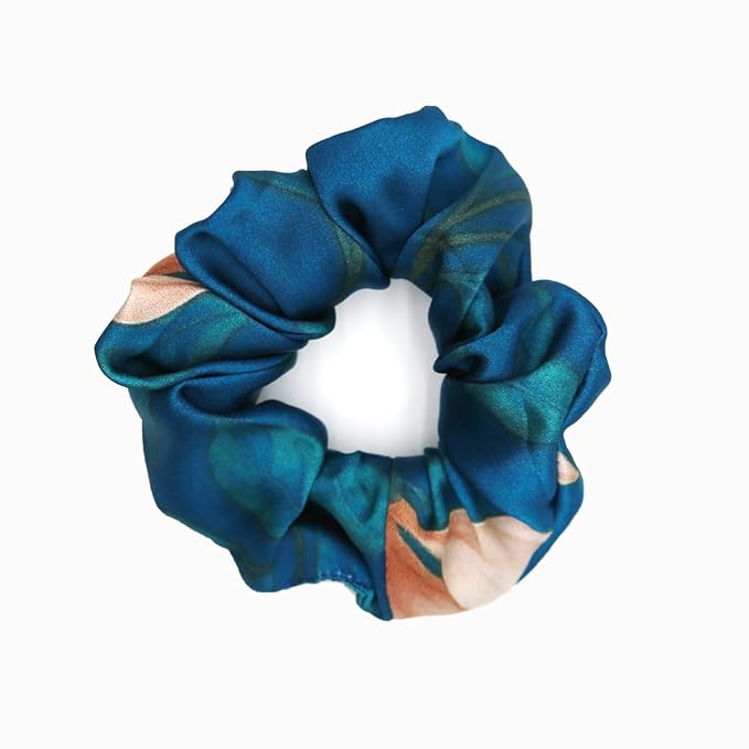 Pure Silk Scrunchies, 100% Mulberry Silk Hair Elastic for Women, Anti-Crease, Gentle on Hair, 1 PC, Teal Flower