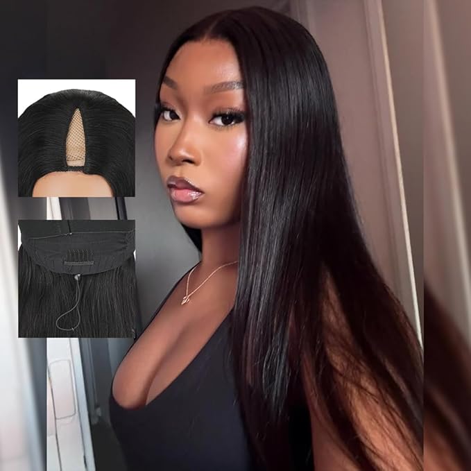 CHEETAHBEAUTY V Part Wigs Human Hair Straight V Shape Wigs for Black Women Upgrade U Part Wigs No Leave Out No Sew In No Glue Clip in Half Wigs 180% Density Natural Black 8Inch