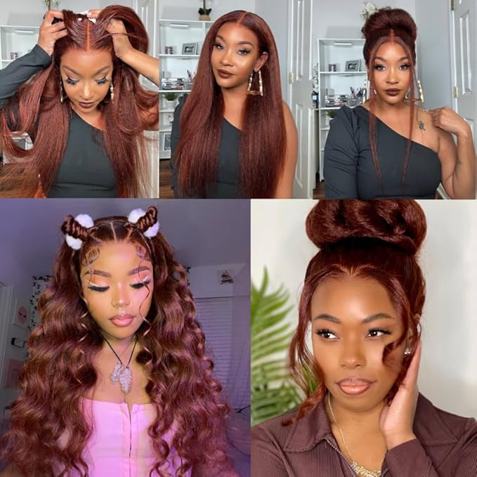 Julia Hair 12A Bye Bye Knots Glueless Wig Reddish Brown Yaki Straight Virgin Human Hair Pre Cut 7x5 HD Lace Front Wigs Invisible Knots Pre Plucked Pre Bleached Auburn Copper Wig 150% Density 26 Inch