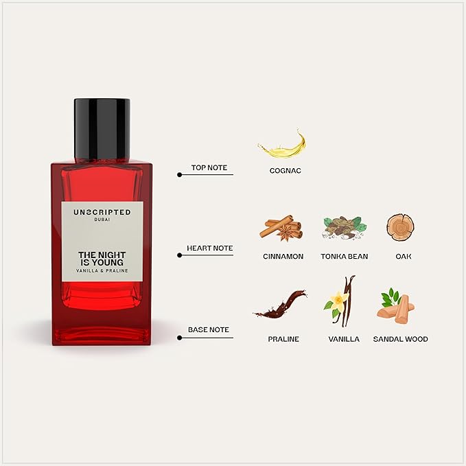 Unscripted The Night Is Young - Bold, Long-Lasting Perfume For Men And Women - Spicy-Sweet Women Perfume with Notes of Cognac and Vanilla - 3.4 oz